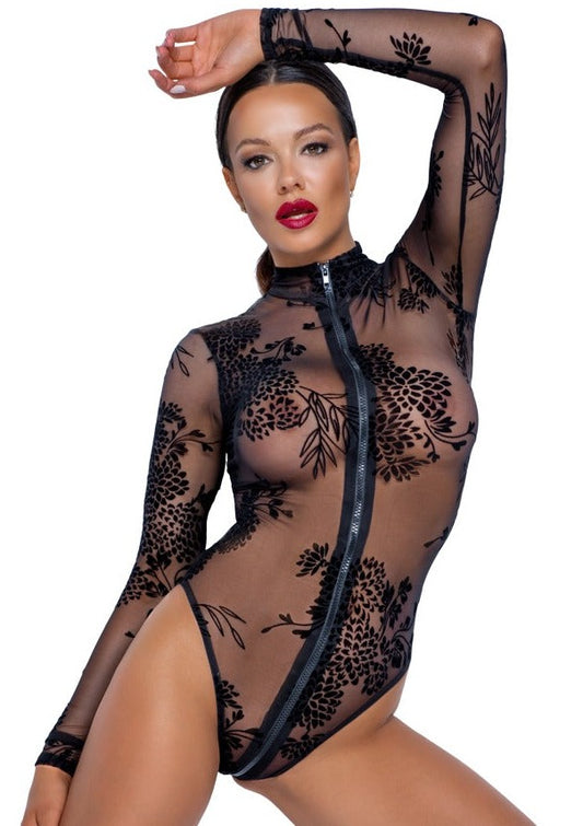 Noir Langarm-Body in Powernetz-Transparenz